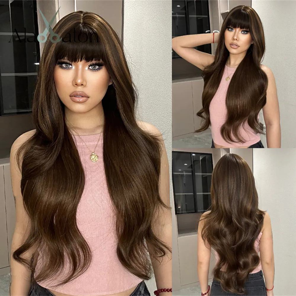 

ALAN EATON Dark Brown Highlight Water Wavy Wigs with Bangs Long Layerd Wave Synthetic Wig Natural Looking High Temperature Hair