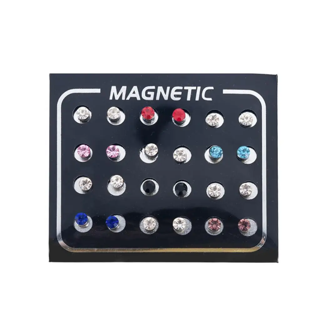 

12Pairs/Set Men Rhinestone Inlaid Magnetic Stud Earrings Non-Piercing Magnet Women Earrings 3/4/5/6/7mm