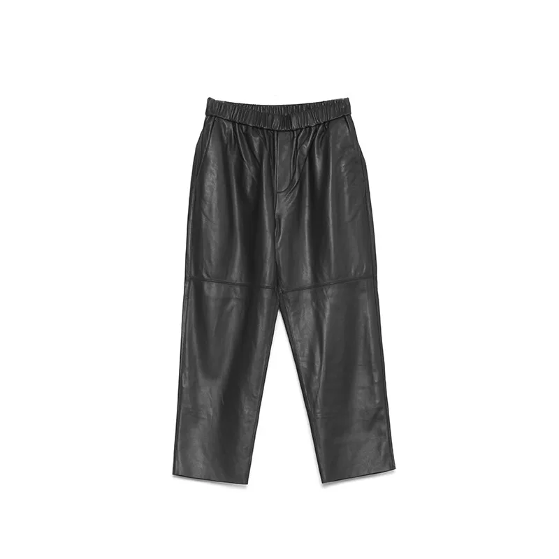 Genuine Leather Harem Pants Women Real Sheepskin Trousers High Elastic Waist 2023 New Streetwear Plus Size Pants Y2k Fashion images - 6
