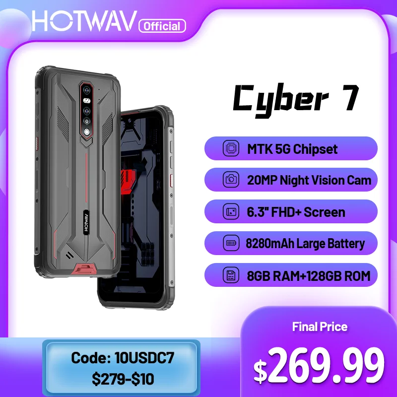 Hotwav Cyber 7 5G Rugged Phone 8280mAh Battery 8GB RAM 128GB ROM 48MP Main Camera 6.3 Inch FHD+ Screen Smartphone NFC Phone 2021