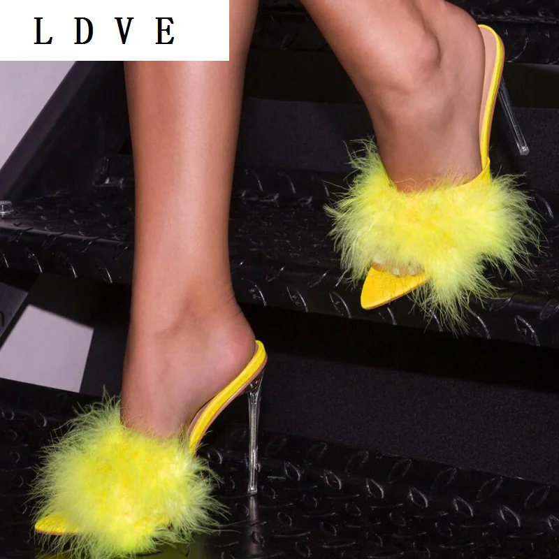 

NEW Sexy PVC Fluffy Terlik Peep Toe Transparent High Heel Slippers Summer Fashion Slip On Thin Slides Women Mules 35-41