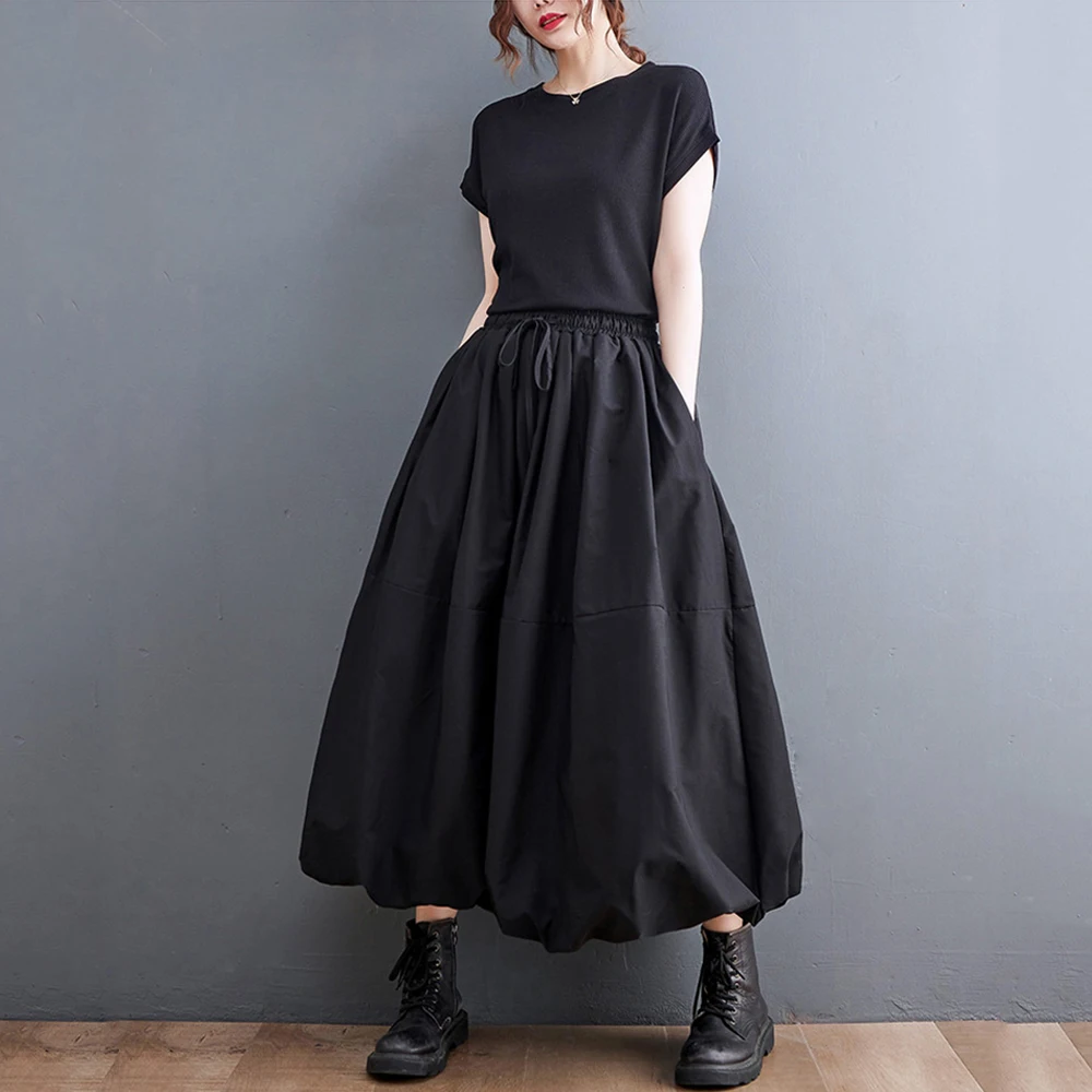 

Черная винтажная плиссированная юбка с высокой талией, женская модная свободная повседневная юбка миди на шнуровке, одежда на осень и зиму 2022