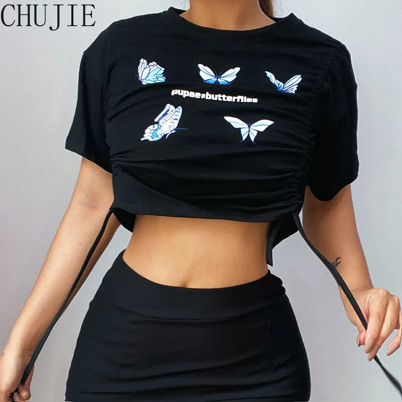 

2022 Summer New Butterfly Print Sports Double Drawstring Crew Neck Casual Short Sleeve uUltra Short T-Shirt For Women