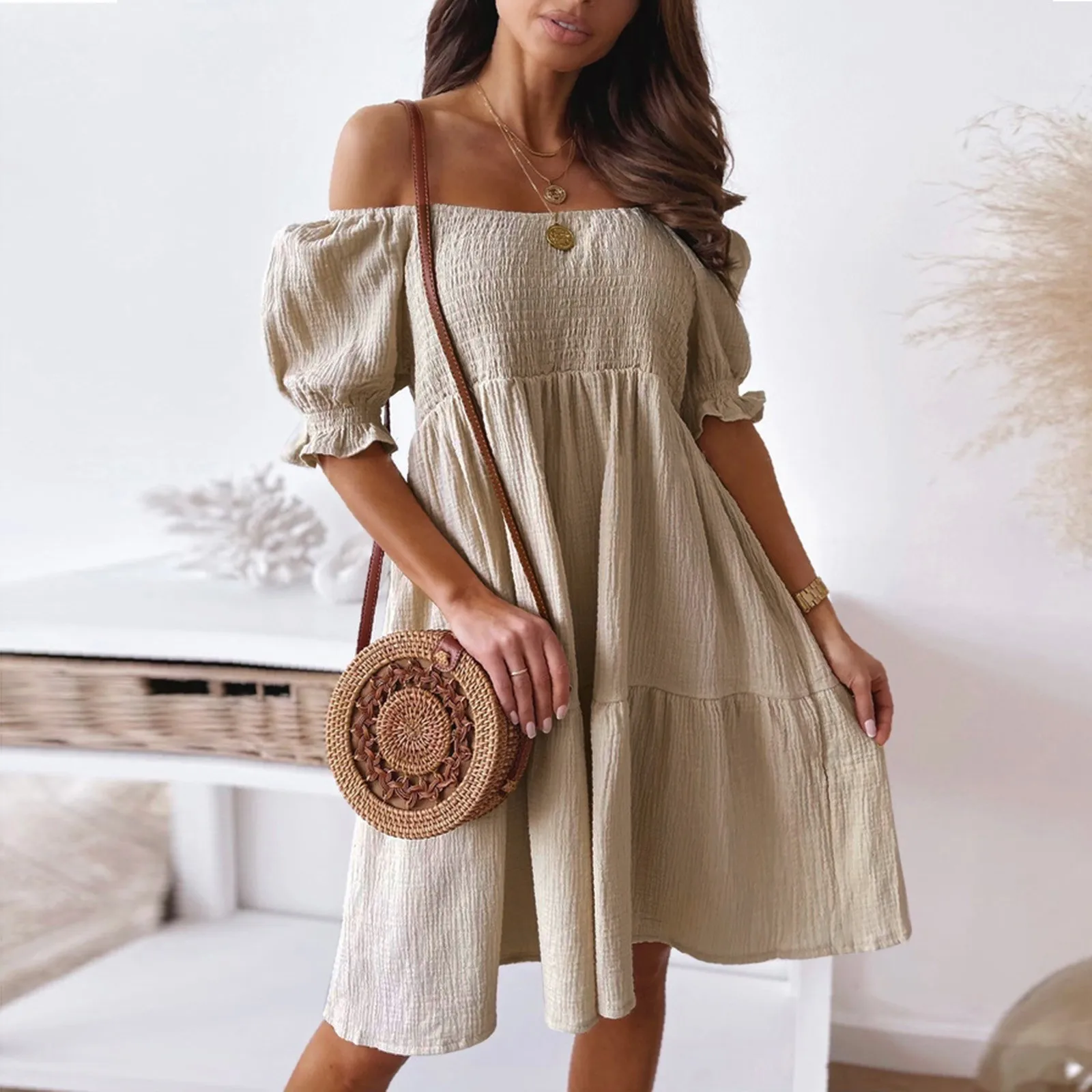 

Pleated Dresses Women Summer Off Shoulder Dress Woman Casual Boho Dress Short Sleeve Party Mini Bohemia Vestido Sexy Sundress