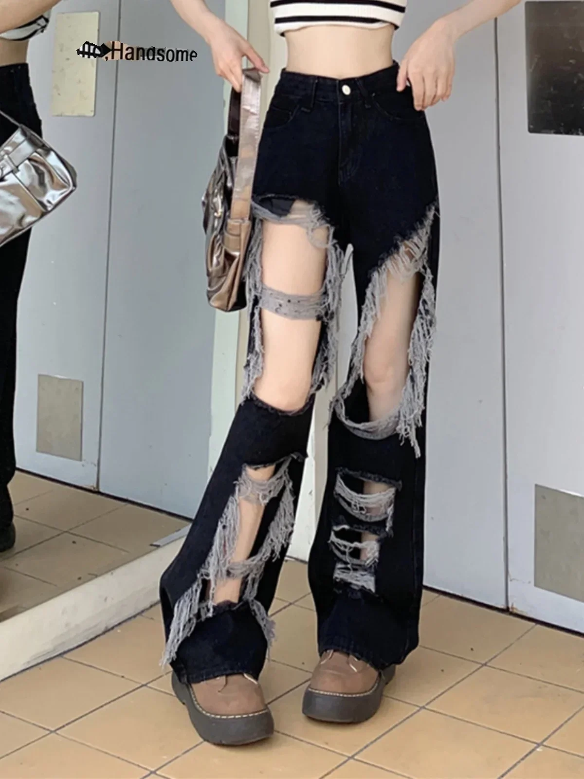 

Spicy Girls' Perforated Jeans Women's Summer Korean Version 2023 New High Waist Slim Design Wide Leg Denim Pants