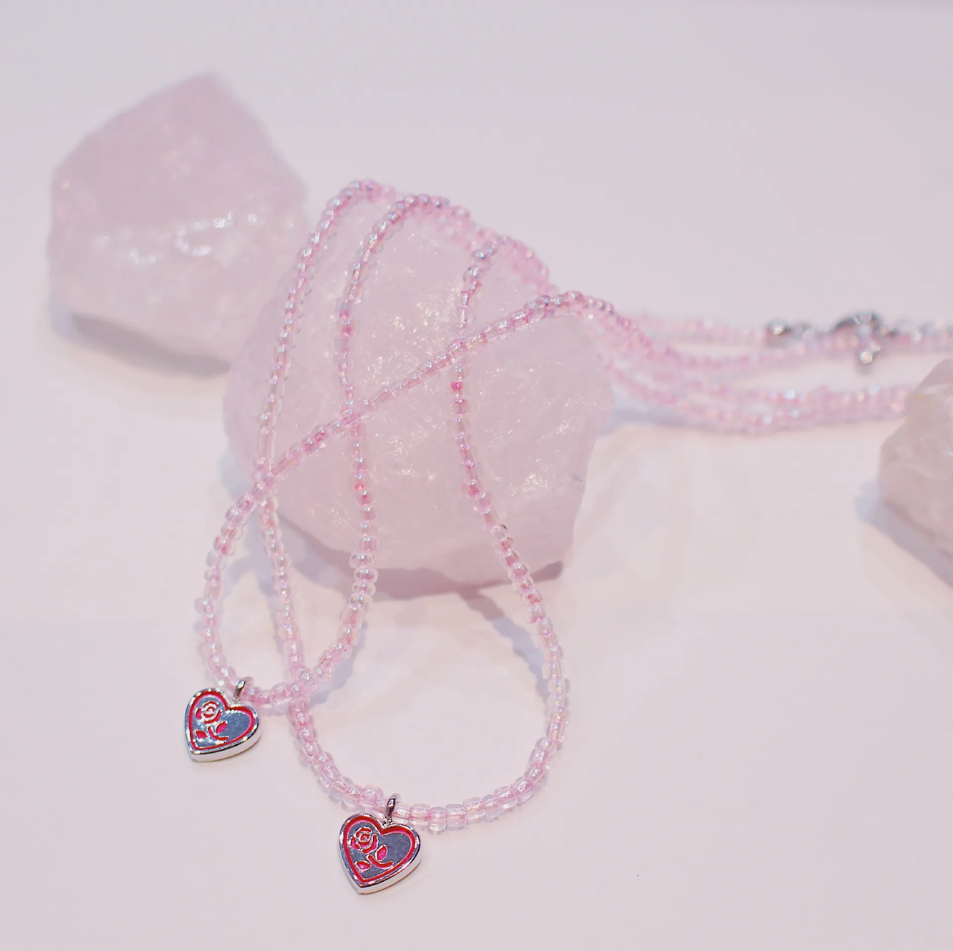 

Handmade Pink Crystal Beads Heart Pendant Necklace Fashion trendy Jewelry
