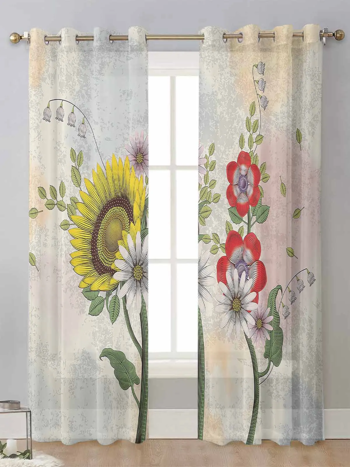 

Sunflower Flowers Leaves Sheer Curtains For Living Room Window Transparent Voile Tulle Curtain Cortinas Drapes Home Decor