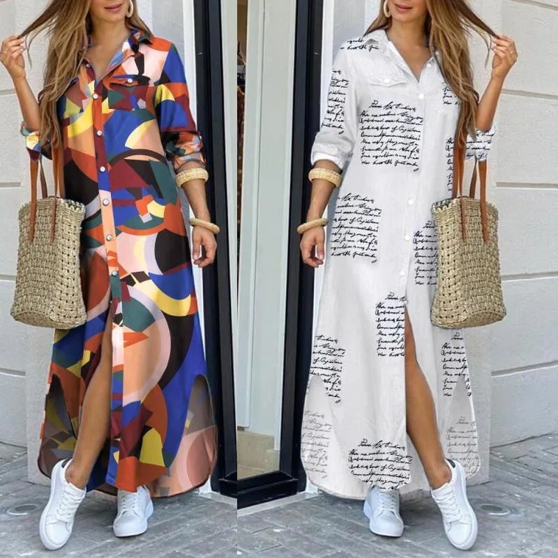 Fashion Autumn Long Dresses for Women Printed Shirt Dress  Female Turn-down Collar Loose Sundress Party White Dress Summer Robe autumn summer new women shirt dress long sleeved female dresses slim fashion party office lady sundress plus size casual rob