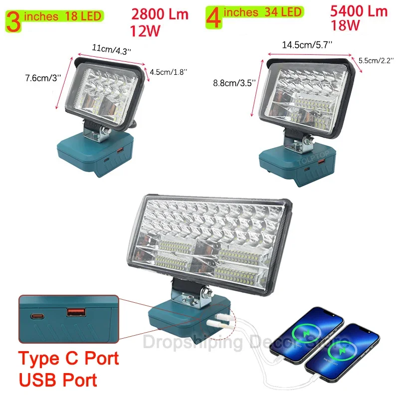 Фото Светодиодный автомобильный рабочий фонарь, фонарик, USB Power Bank, портативное уличное аварийное освещение для кемпинга для Bosch, литий-ионный аккумулятор 18 В №4