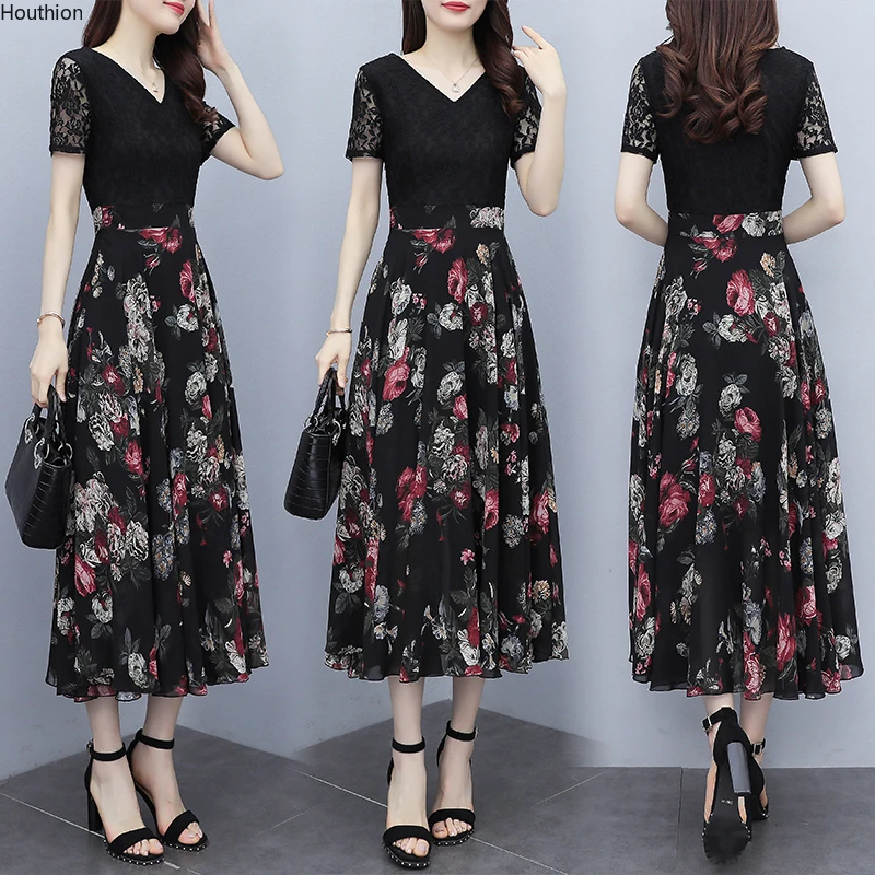 

Chiffon Women Dress New Fashion Lace Short Sleeves Mid V-neck Casual Floral Stitching Summer