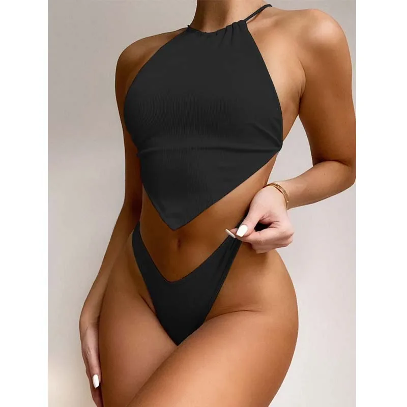 

Solid Two Pieces Bandeau Bikini Women 2022 New Sexy Low Waist Swimsuit Female Halter Swimwear Brazilian Tankini Bathing Suit