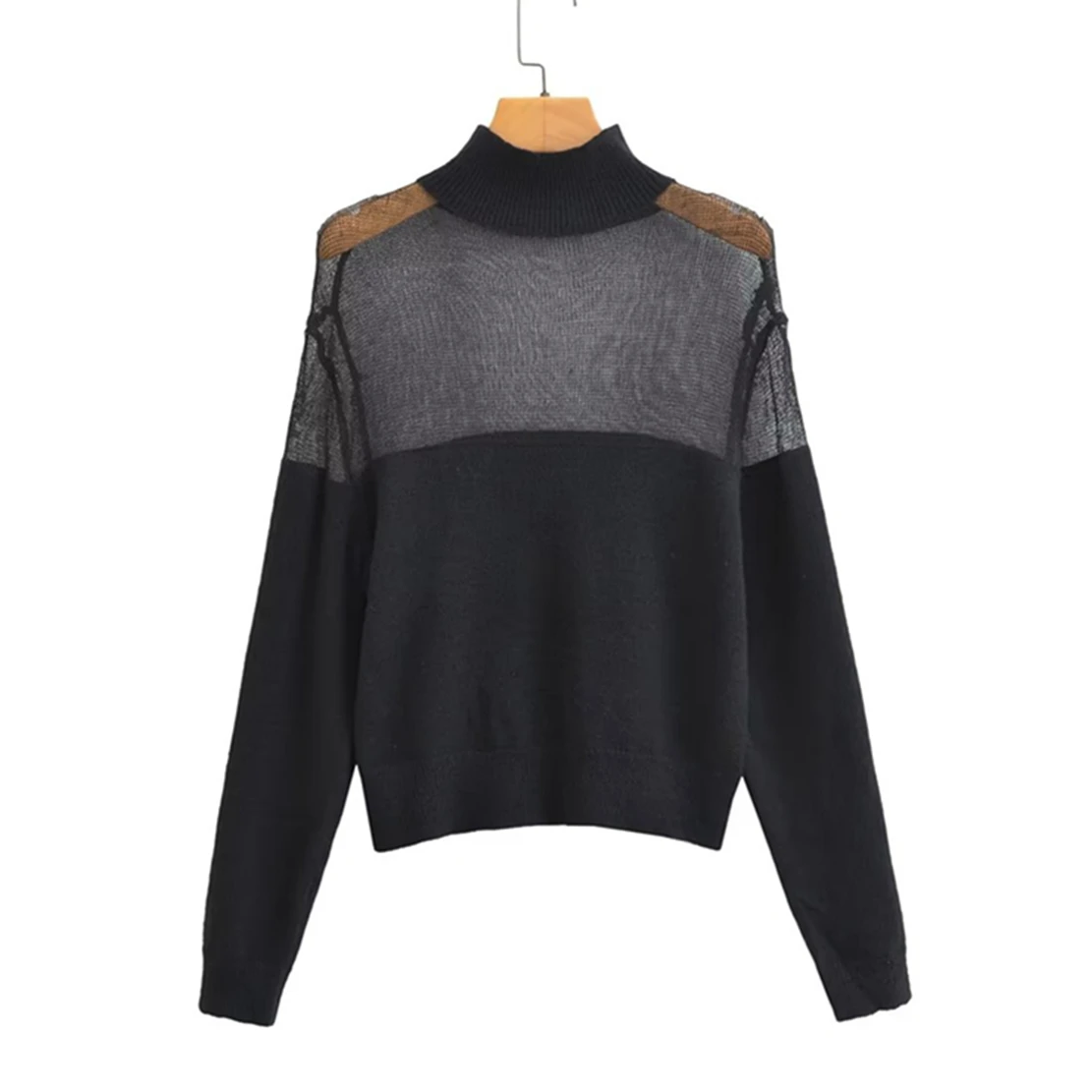 

Dave&Di England Style Fashion Splicing Perspective Sweaters Stand Neck Black Knitwear Casual Sweaters Women