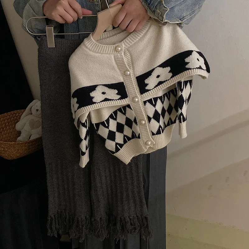 

2023 Winter Children Girl 2PCS Clothes Set Thicken Warm Printed Sweater Cardigan Suit Solid Tassel Knitted Pant Baby Girl Outfit