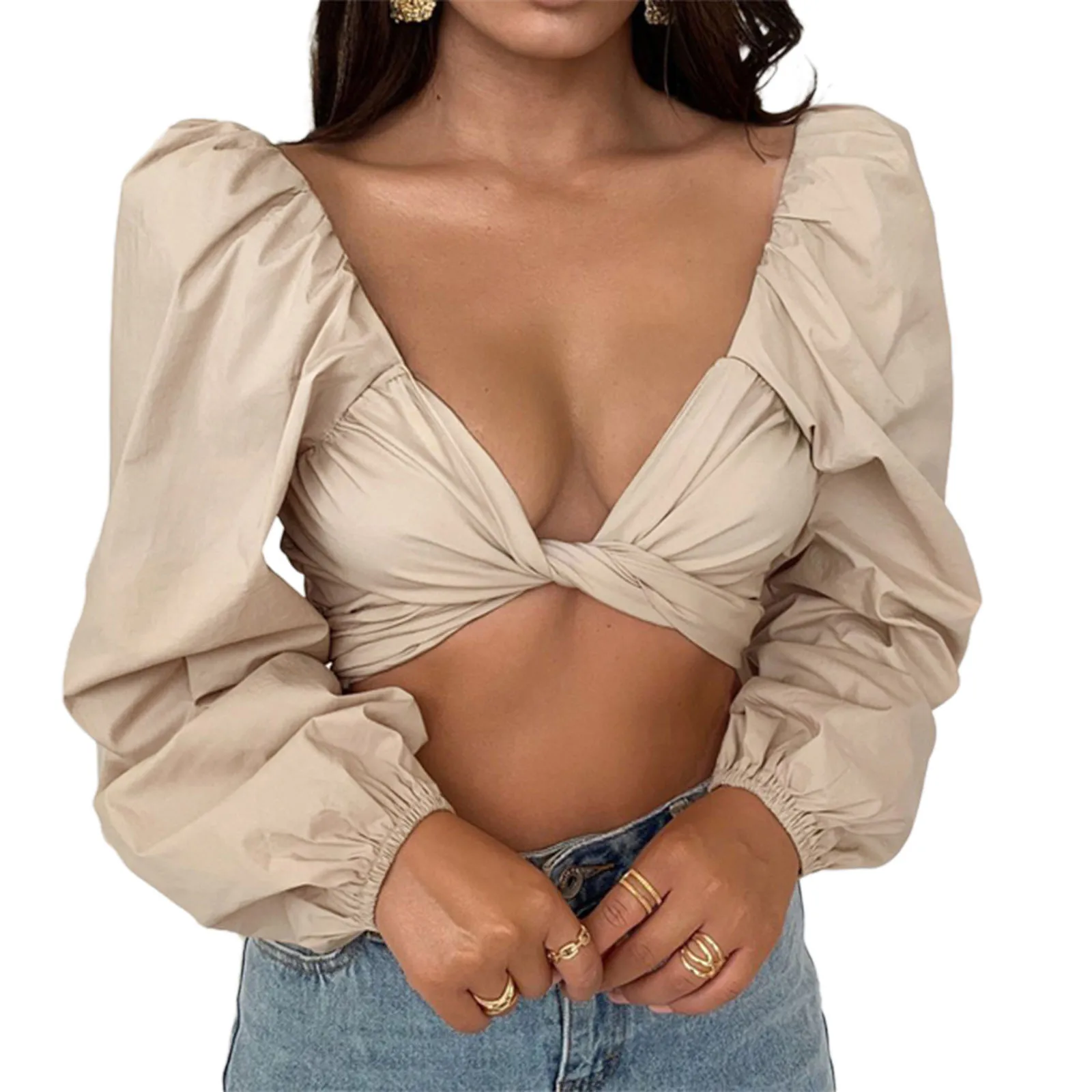 

Women Crop Tops Sexy Long Sleeve Bowknot Tie Pleated Ladies Tops for Club Party