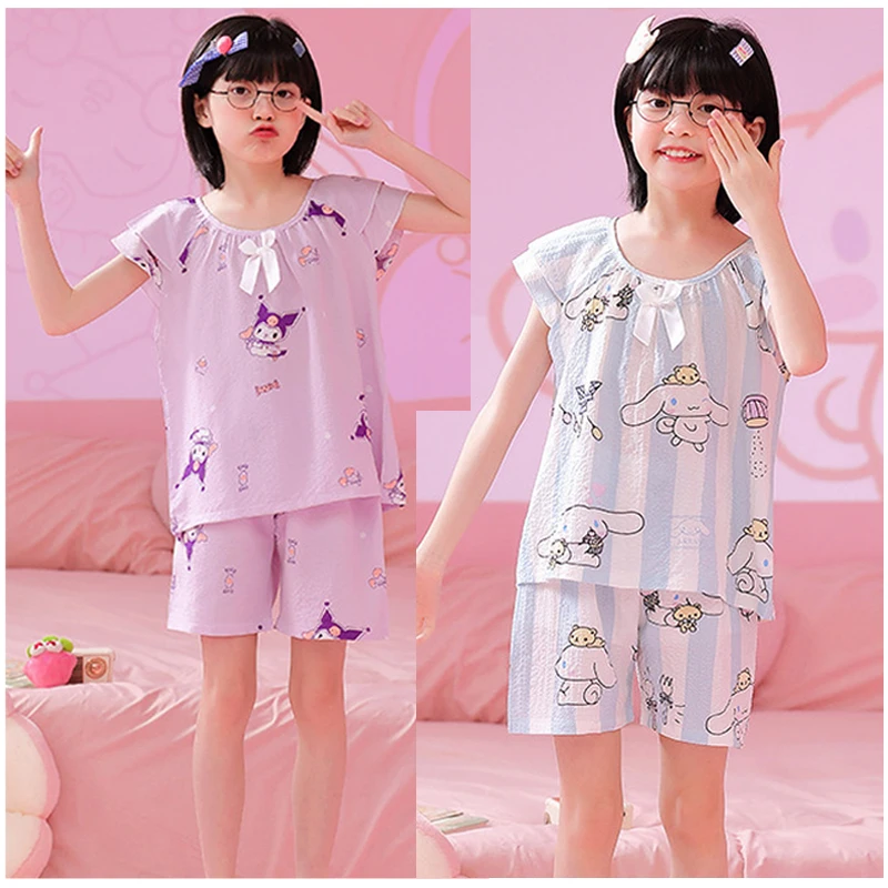 

Sanrios Cinnamoroll почтовый Kuromi HelloKittys Мультяшные милые летние детские пижамы для девочек с коротким рукавом шорты Домашняя одежда