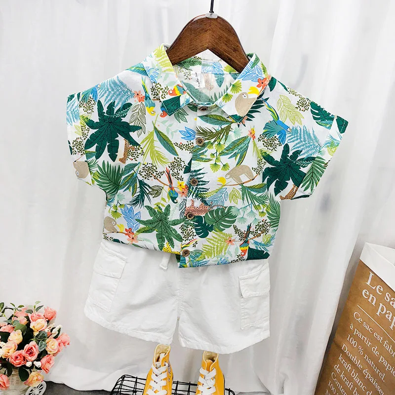 New Baby Boy Clothes Baby Clothes 0-5 Years Old Summer Short-Sleeved Shorts Suit Baby Printed Shirt Casual Shorts Two-Piece Suit