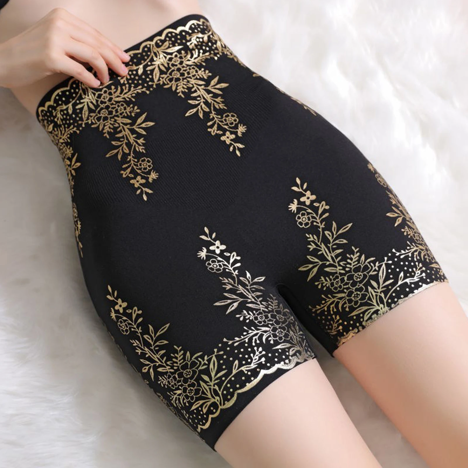 

Skinny Pants Golden Floral Printed Short Pants Tummy Control Women High Waist Body Shaping Stretch Butt Lifting Daily Suit