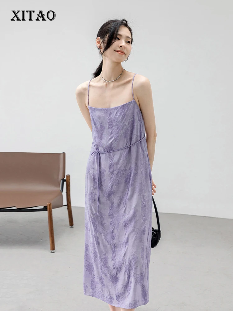 

XITAO Dyeing Jacquard Camisole Dress Fashion Solid Color Simplicity Temperament Bandage Sleeveless Dress Summer New WLD8343
