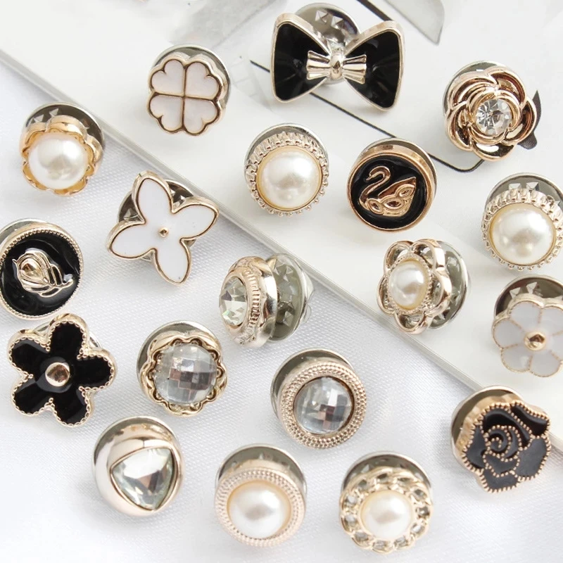 10Pcs Free Sewing Pearl Rhinestone Button Brooch Prevent Accidental Exposure Buttons Brooches Pins Badge Cufflinks Shirt Button