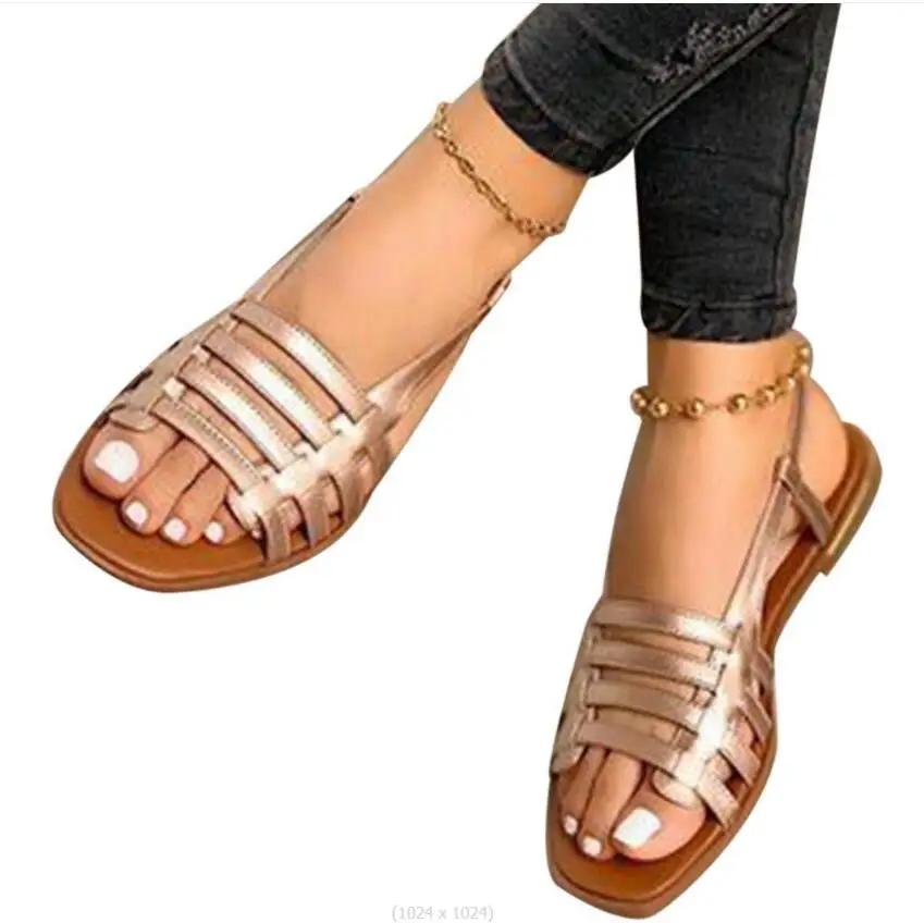 New Summer Women Sandals Hollow Flat Black Roman Slip-On Back Strap Sandals Open Toe Casual Beach Ladies Shoes Outdoor Sandals