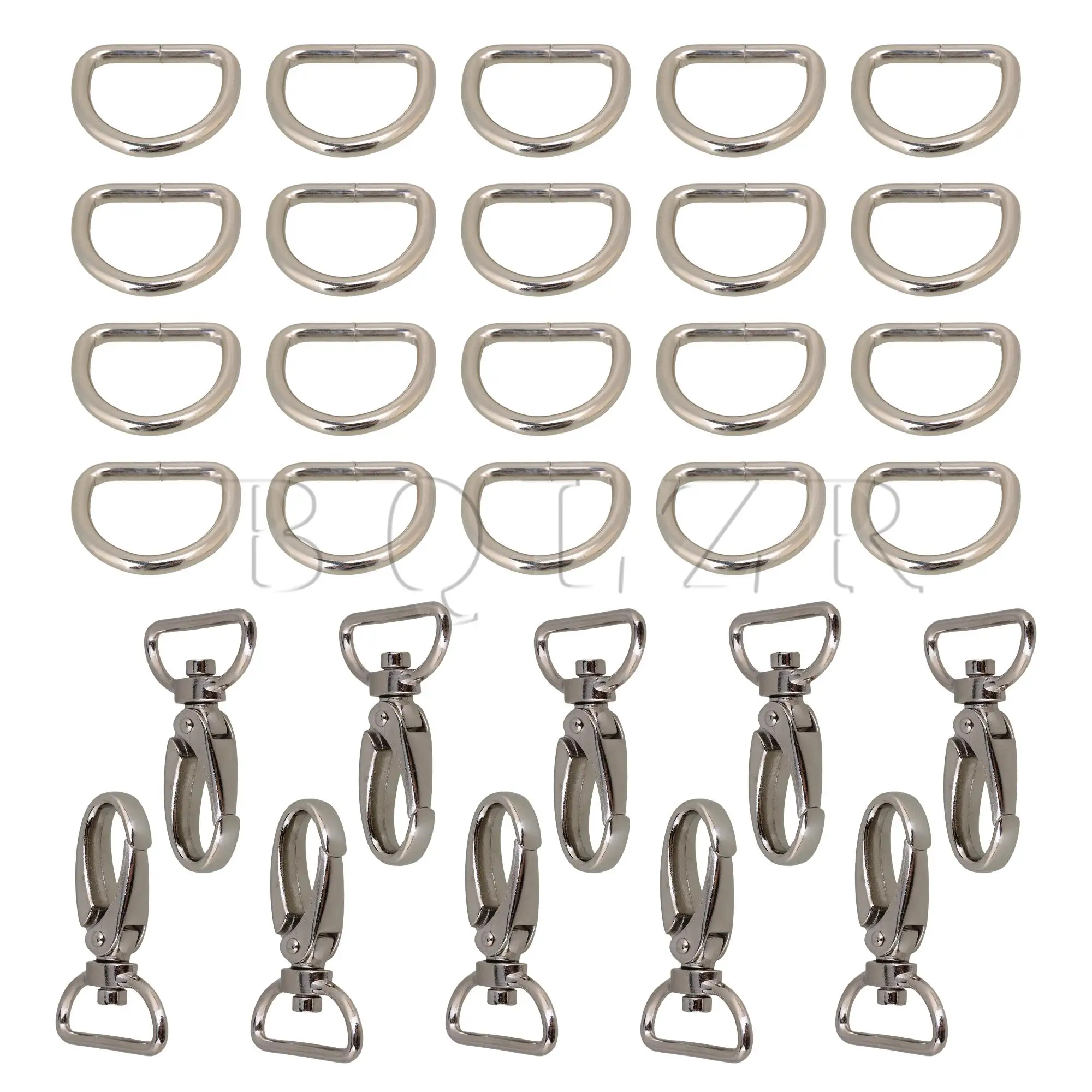 BQLZR 30 шт. поворотные застежки-карабины 1,18 дюйма и металлические D-образные кольца 0,98 дюйма Серебряный комплект BQLZR 30 шт. поворотные застежки-карабины 1,18 дюйма и металлические D-образные кольца 0,98 дюйма Серебряный комплект