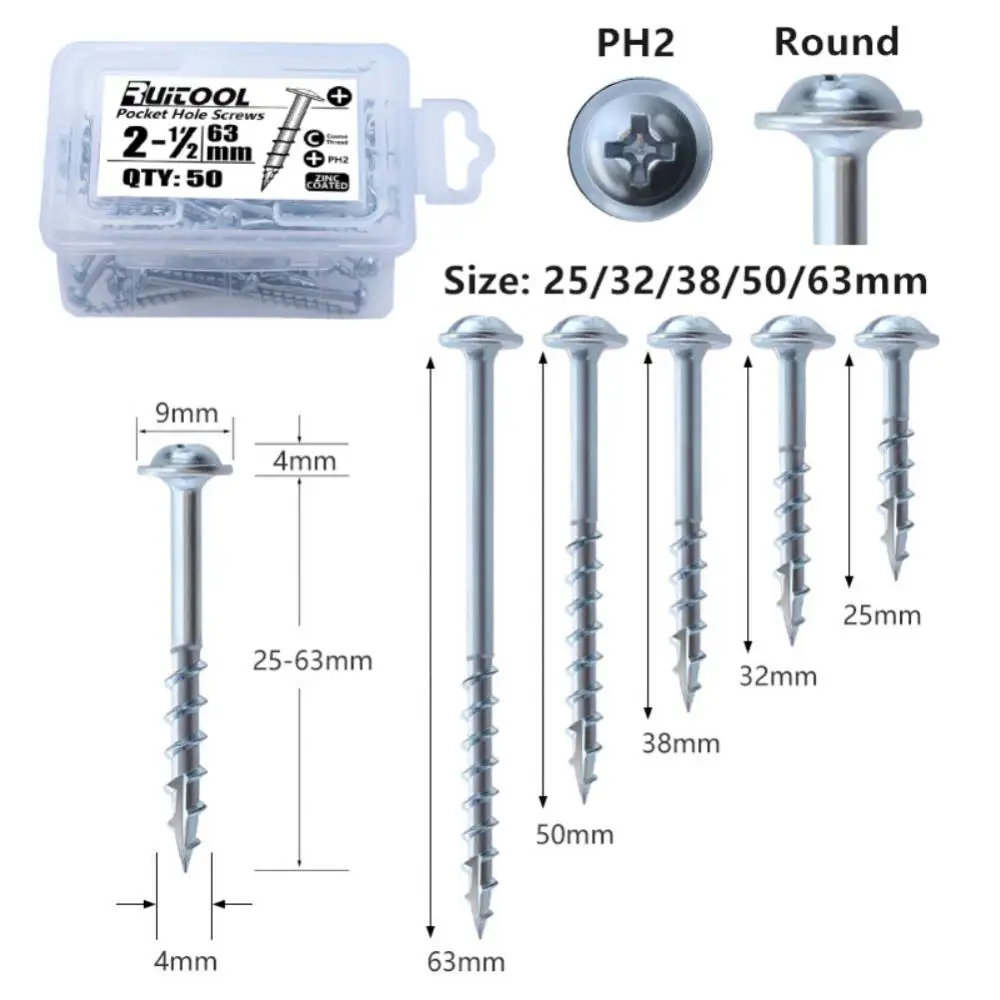 

100Pcs Woodworking 25/32/38/50/63mm Pocket Hole Screws PH2 Cross Driver Head Self-tapping Screw for Pocket Hole Jig