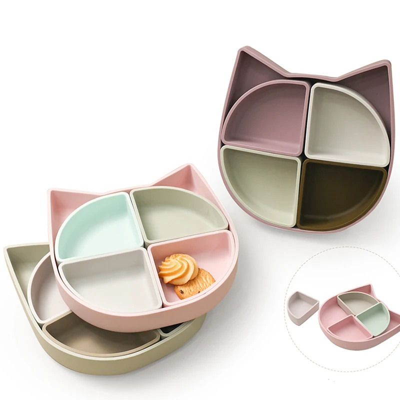 1pcs Baby Silicone Plates Cat Shape Plaid  Silicone Feeding Food Tableware Suction Toddle Training Food Feeding Bowl for Kids