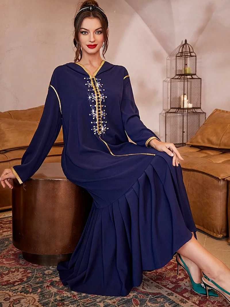 Pleated Kaftan Djellaba Women Hooded Dubai Abaya Saudi Gulf Evening Party Robe Moroccan Caftan Ramadan Muslim Arabic Long Dress