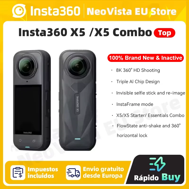 Insta360-Camara de accion X5. 8K. 30fps. lentes reemplazables. Triple Chip AI. luz baja Superior. 2025 minutos de duracion. Insta 185. novedad de 360