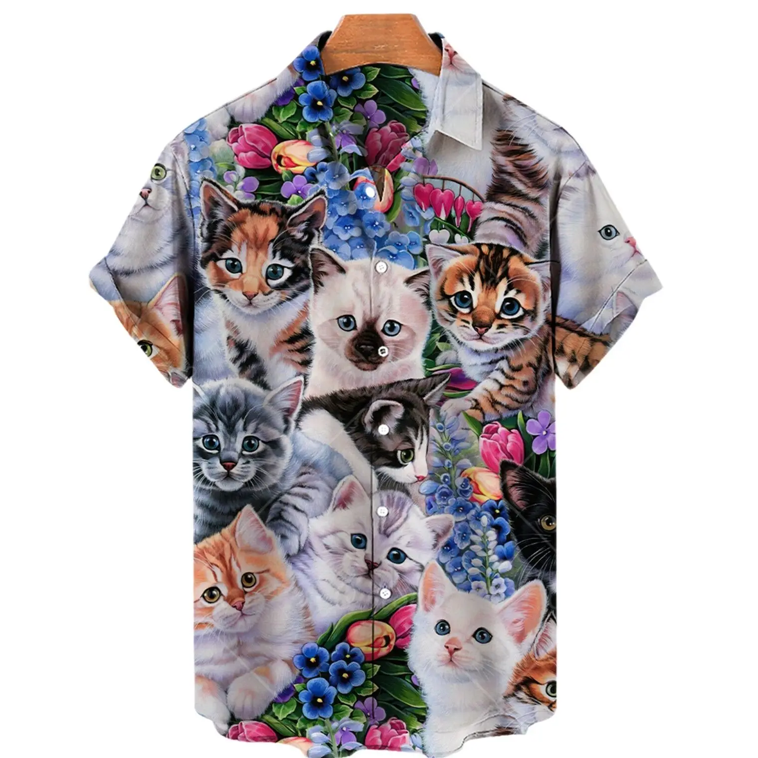 Micro-bomb Shirt Summer Anime Cat Print Shirt Cartoon Breathable Hawaiian Shirt Fashion Fun Short-sleeved European Size 5xl Top
