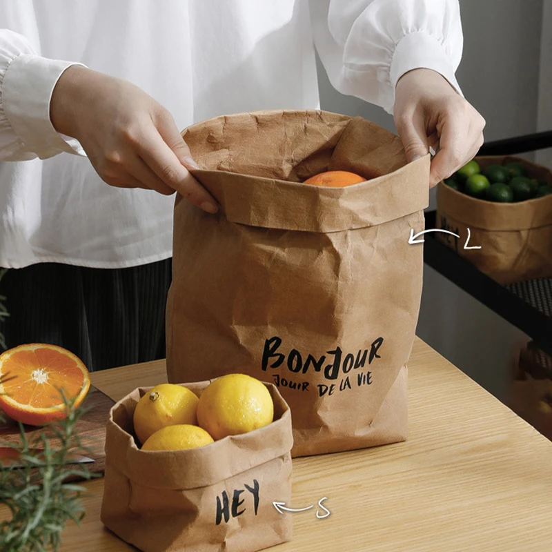 Washable Kraft Paper Bag Vegetable Bags Produce Bag Reusable Vegetable Storage Bag Kitchen Fruit Vegetable Food Storage Bag