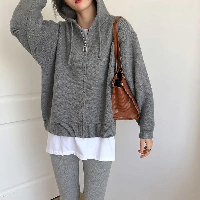 

Women's Knitted Cardigan with Zipper, Casual Hooded Coat, Monochromatic Sweater, New Arrivals, Lady, Autumn, Winter