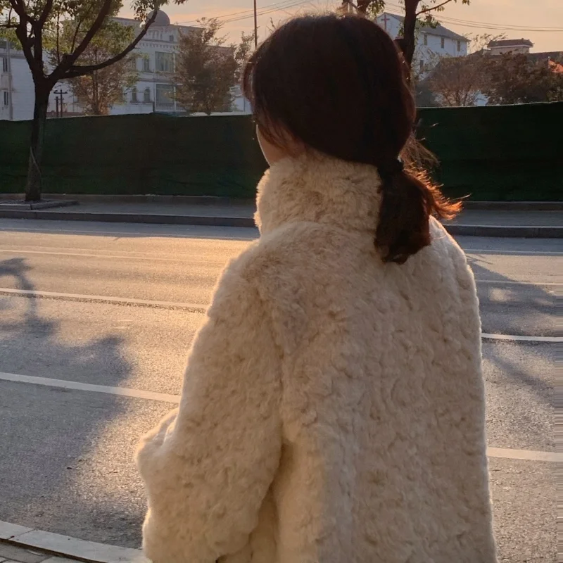 QWEEK Women Warm Faux Fur Fleece Coat Jacket Lamb Wool Thickened Oversized Long Sleeve Cute Lamb Wool Button Up Winter Outerwear