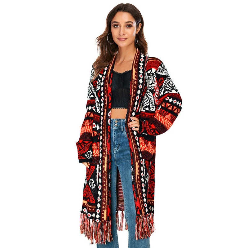 

Boho Knit Cardigans Vintage Jacquard Coat for Women Geometry Open Front Tassels Christmas Sweater Red Wraps Mujer