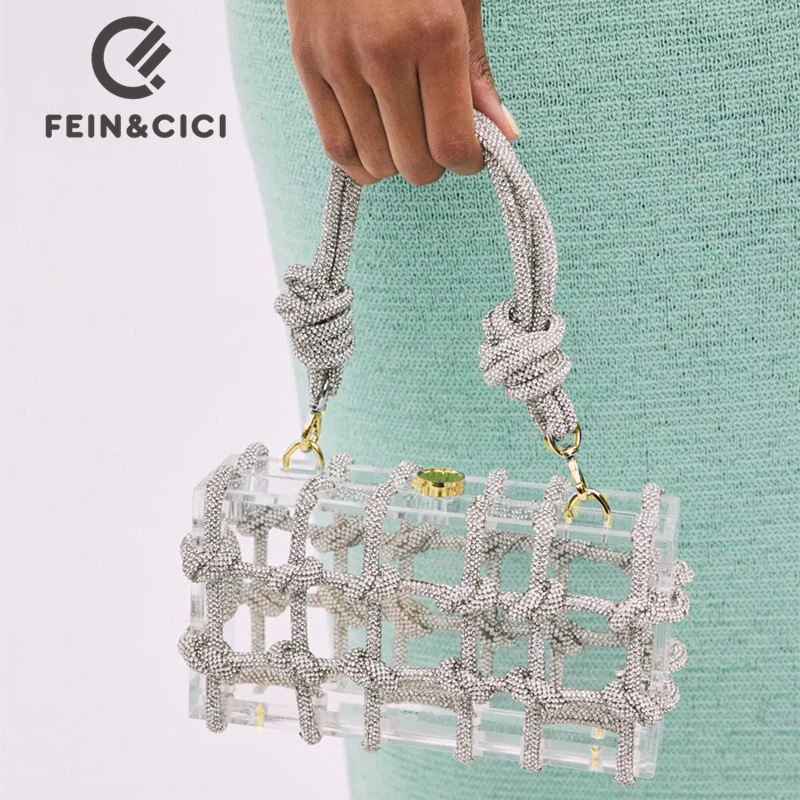 

Crystal-Embellished Rope Acrylic Clutch women Rhinestones Evening Shoulder Bag Crystal Luxury Clear Party Wedding Knot Bag