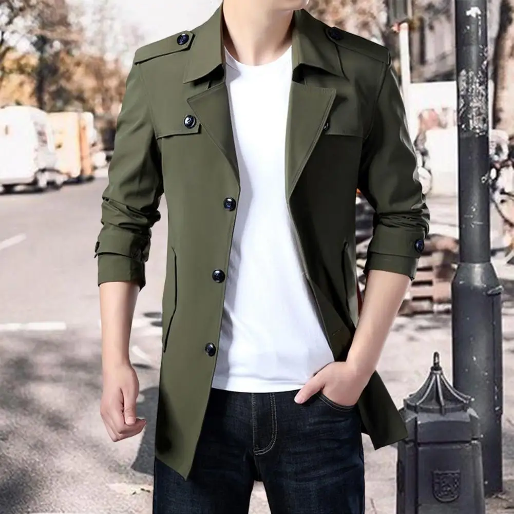 

Trench Jacket Lapel Long Sleeves Men Windbreaker Spring Autumn Male Jacket Mid-Length Solid Color Thick Business Overcoat