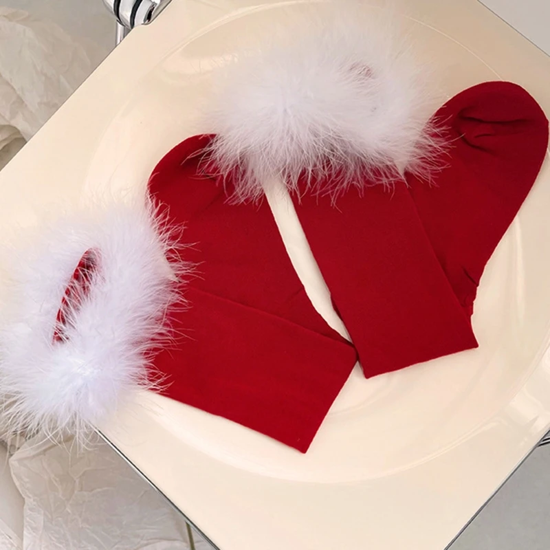 Женские рождественские новогодние хлопковые красные гольфы с отделкой из