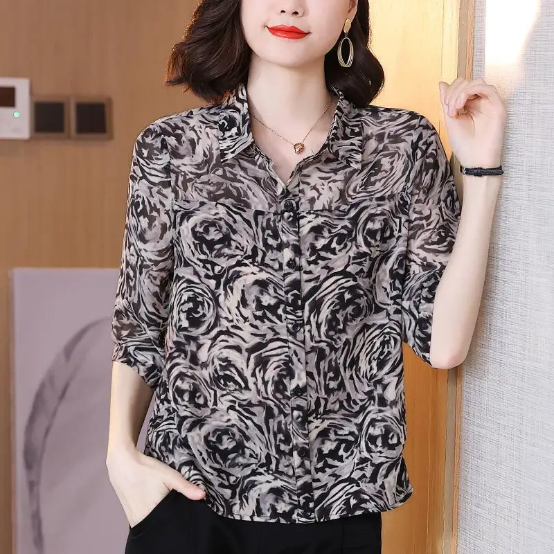

Big Size 5XL Women Loose Chiffon Blouse Summer New Half Sleeve Turn-down Collar Y2K Vintage Printing Casual Fashion Female Shirt