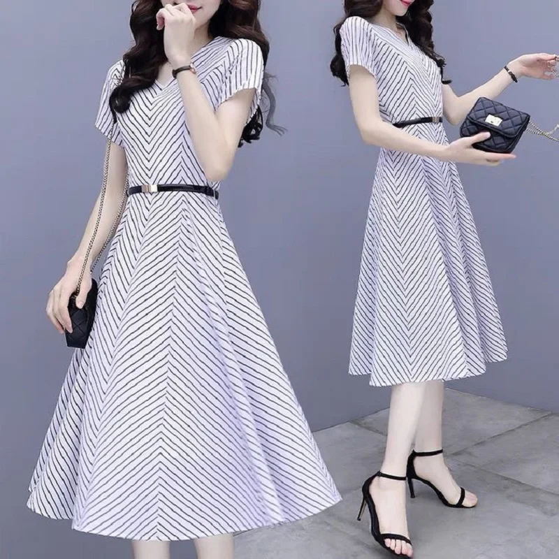

2023 Summer New Women's Chiffion V-Neck Mid-Calf Dresses Fashion Sleeveless Woman Clothing Korean Elegant Belt Striped Clothes