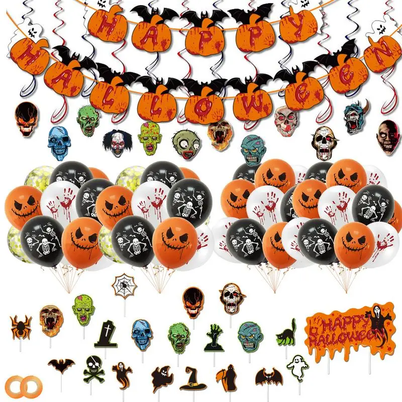 

Black Orange Halloween Party Supplies Decoring Set With Scary Skeletons Bloody Hands Horror Themed Banner Balloons And Ribbon