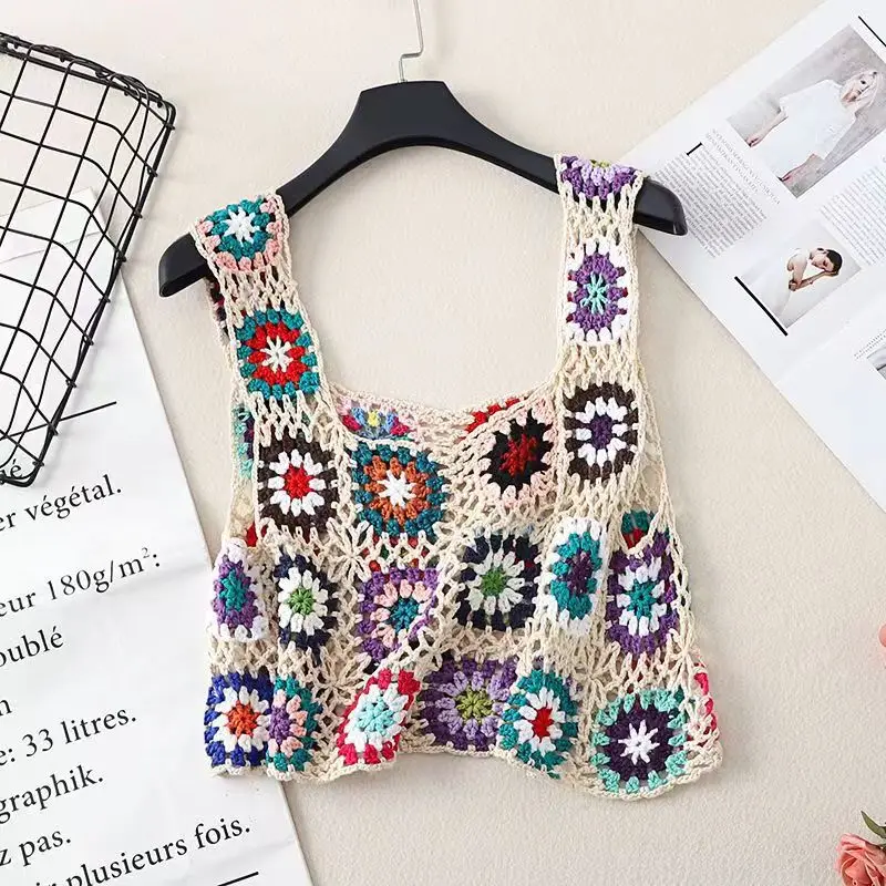 

Женский трикотажный жилет с цветочным принтом, повседневный винтажный жилет без рукавов с квадратным вырезом, 2023