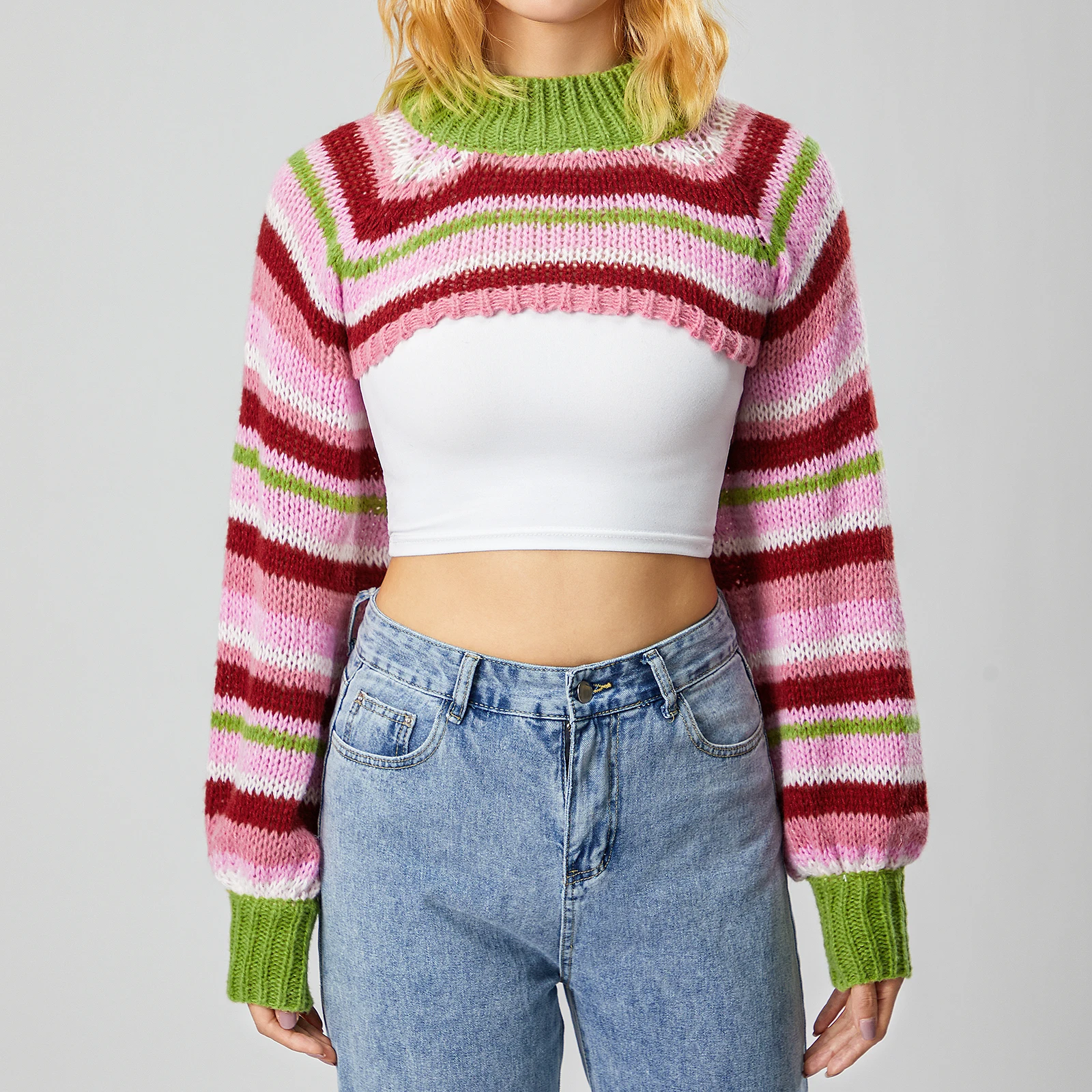

Women Spring Autumn Knitted Shrug Sweater Casual Striped Loose Long Sleeves Half Turtleneck Pullover Crop Tops Streetwear