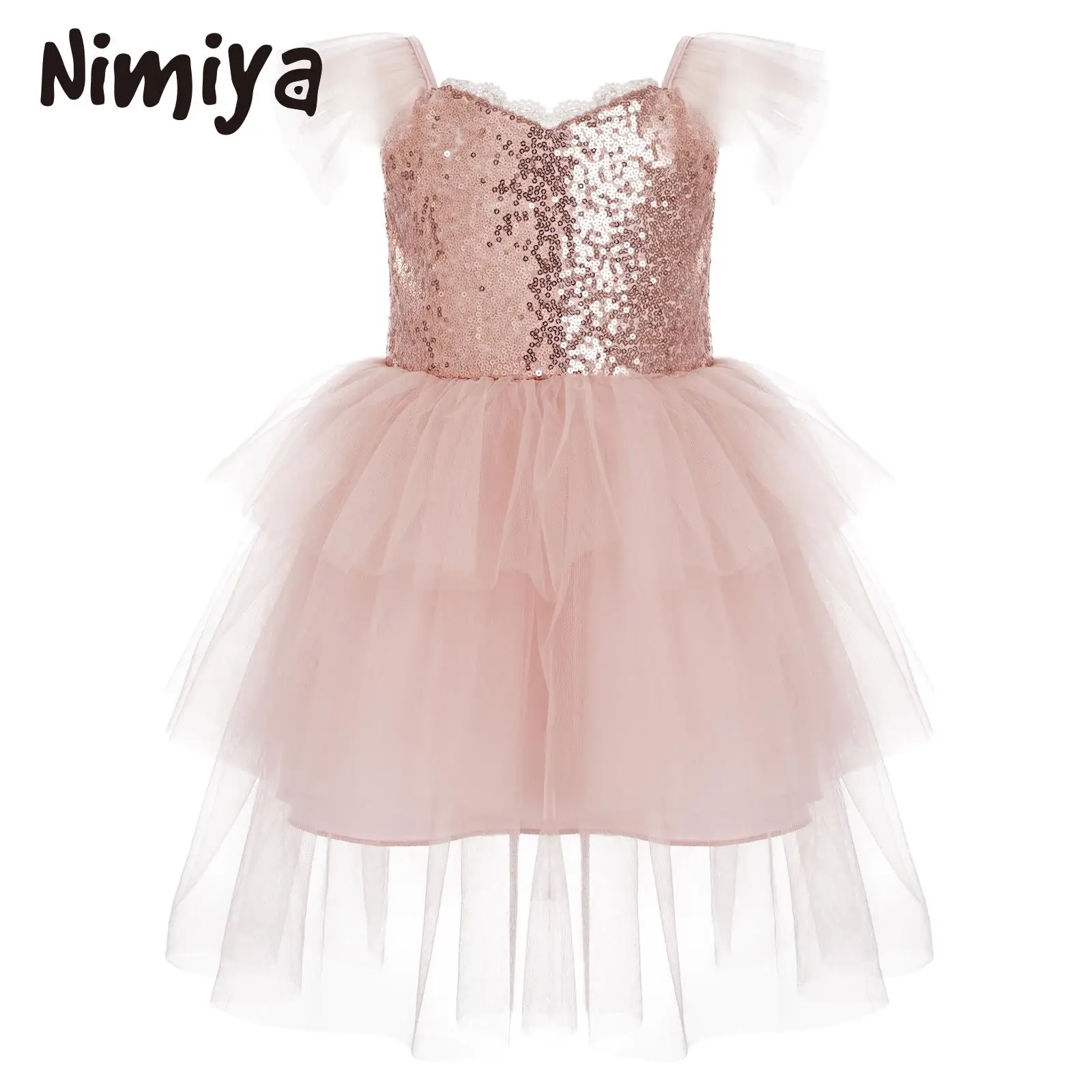 

Nimiya Baby Girls Shiny Sequin Bodice Tiered Tulle Pink Mini Dance Dress Spaghetti Strap with Ruffle Party Dresses for Birthday