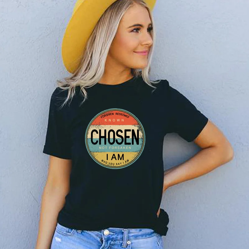 

Chosen Religious Clothes for Women T Shirts Retro Short Sleeved Christian Gift Mother Favourive T-shirt Oversized Top Dropship