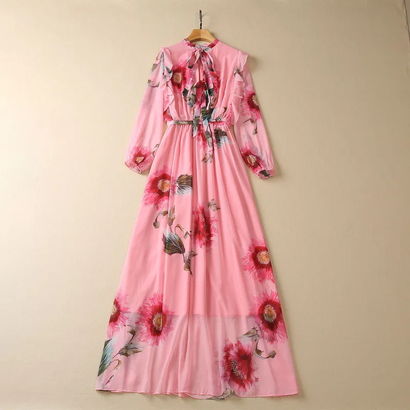 European and American women's clothes 2023 spring new Long sleeve bow collar Fashion hot diamond pink printed pleated dress