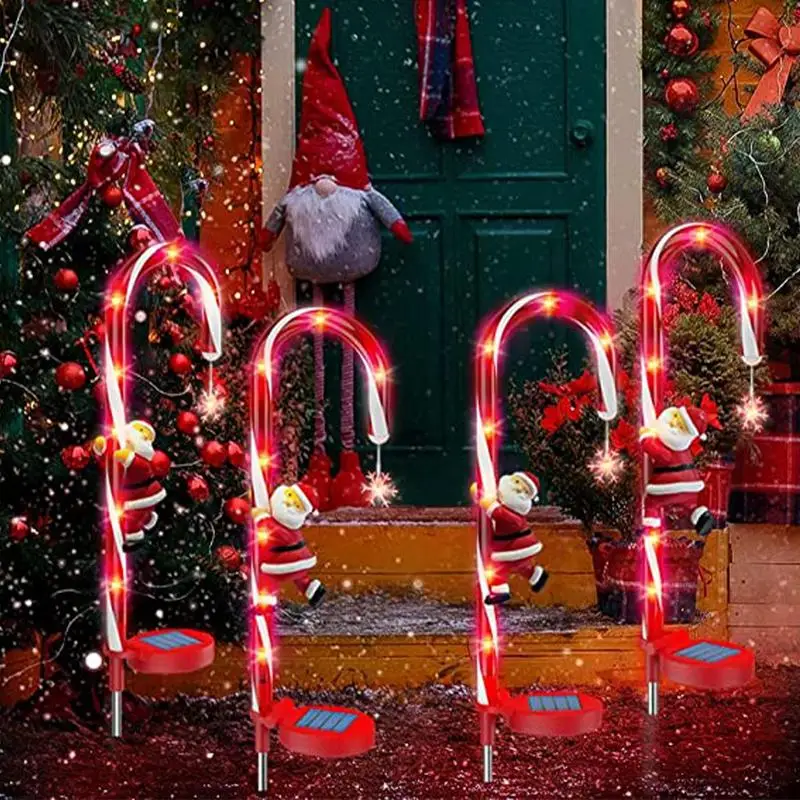 

Christmas Candy Cane Pathway Markers Christmas Solar Stake Lights with Santa and Hanging Snowflake Cane Christmas Decorations