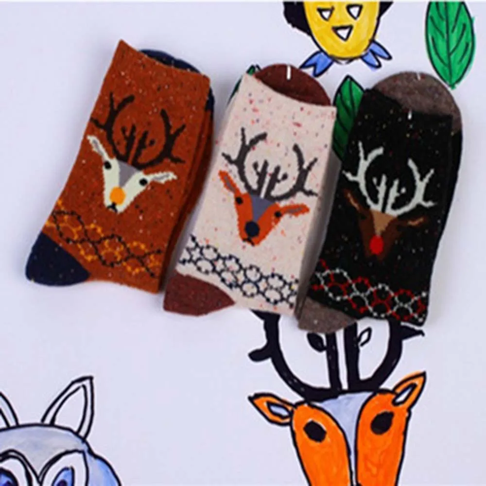3 pairs lot pack women socks winter cartoon animal elk deer thick warm tweed yarn soft comfortable wool socks