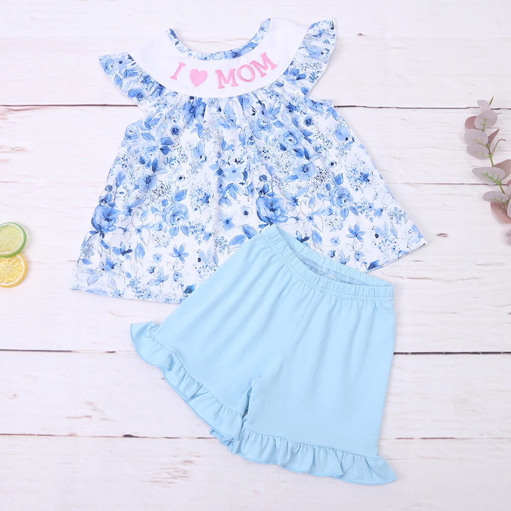 

1-8T Baby Girl Clothes Cotton Kids Wear Blue Floral Embroidery Summer Boy Dress Short Sleeve Sets Season Children Outfit