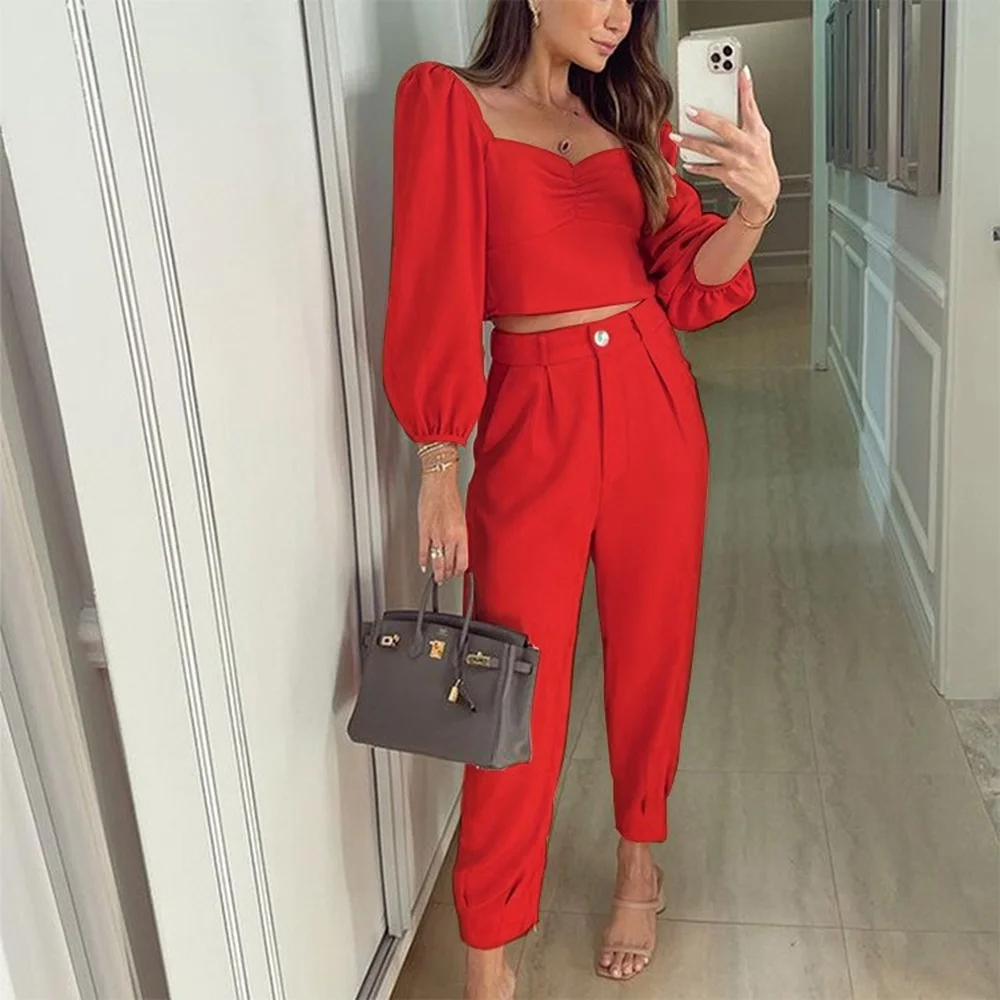 

Women's Long Pants Set Autumn Fashion New Casual Solid Square Collar Long-sleeved Shirt Top Straight Pants Street Two Piece Suit