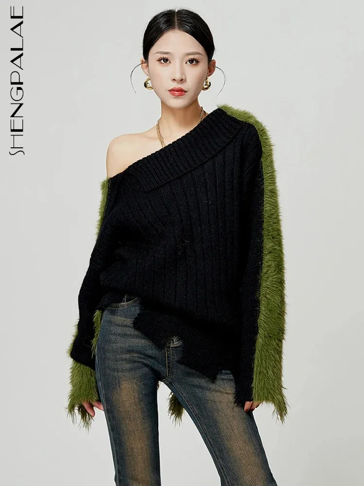 

SHENGPALAE Fashion Chic Women Slash Neck Sweater Niche Design Contrast Color Mohair Spliced Knit Pullover Autumn 2023 New 5R7635